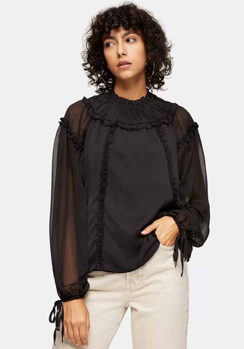 Black Ruffle Yoke Neck Blouse