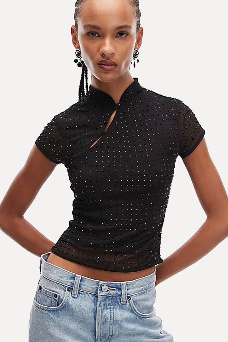 Hot Fix Sheer Mesh Top With Rouleau Loop Button Detail from Asos Design