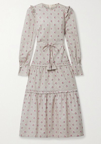 Christy Tie-Detailed Ruffled Printed Cotton-Poplin Midi Dres from Anna Mason