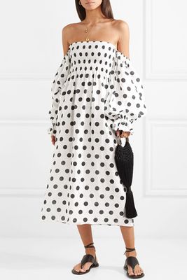 Shirred Polka-Dot Midi Dress from Sleeper
