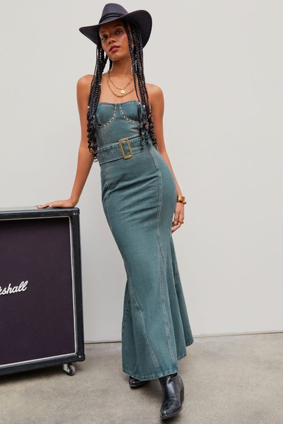 Denim Strapless Ruffle Maxi Dress from Cider