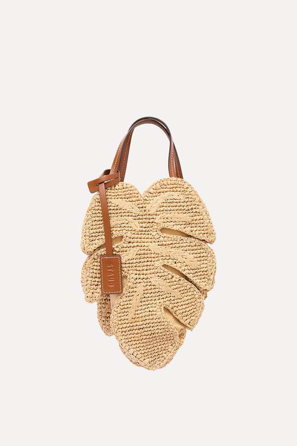 Palm Leather-Trimmed Raffia Top-Handle Bag from Staud