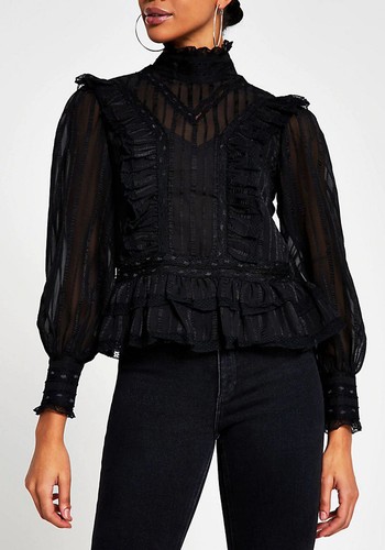 Black Long Sleeve Lace Frill Blouse Top