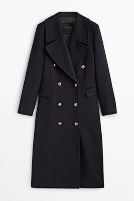 Long Navy Blue Buttoned Coat from Massimo Dutti