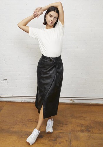 Coraline Wrapover Leather Midi Skirt