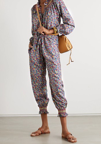 Ruffled Smocked Printed Poplin Jumpsuit from Loretta Caponi