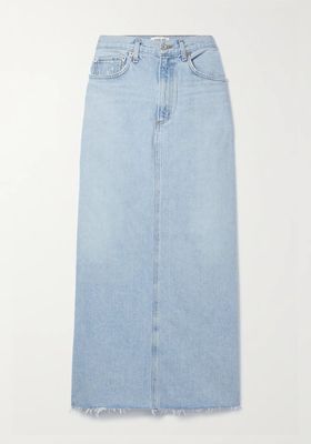 Hilla Frayed Organic Denim Maxi Skirt from Agolde