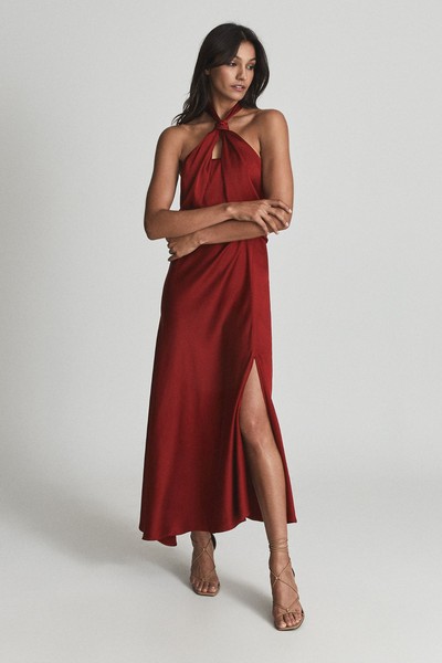 Lorena Halterneck Satin Midi Dress from Reiss