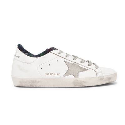 Superstar Distressed Flannel-Lined Leather Sneakers from Golden Goose