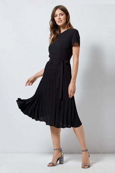 Black Plain Pleat Fit And Flare Dress