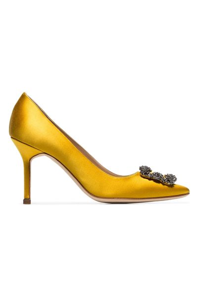 Yellow Crystal Buckle Silk Satin Pumps from Manolo Blahnik