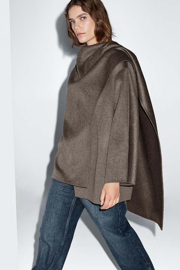 Mid-Length Wool Blend Coat With Scarf from Massimo Dutti