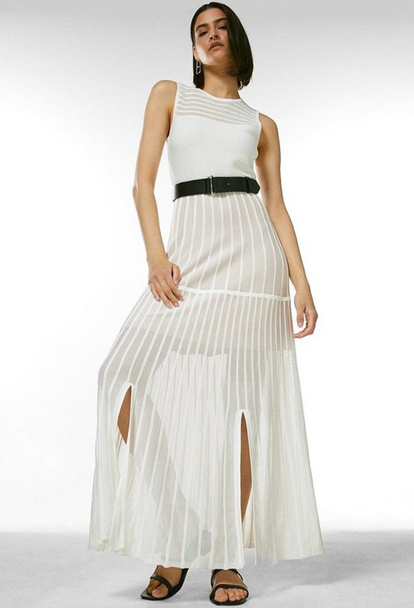 Sheer Stripe Maxi Belted Knit Dress