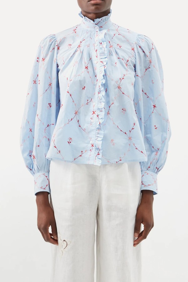 Yana High-Neck Embroidered-Cotton Blouse from Thierry Colson