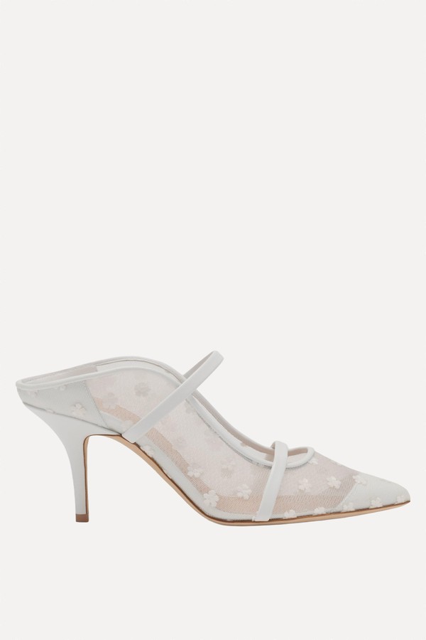 Maureen 70 White Floral Mesh Heeled Mules