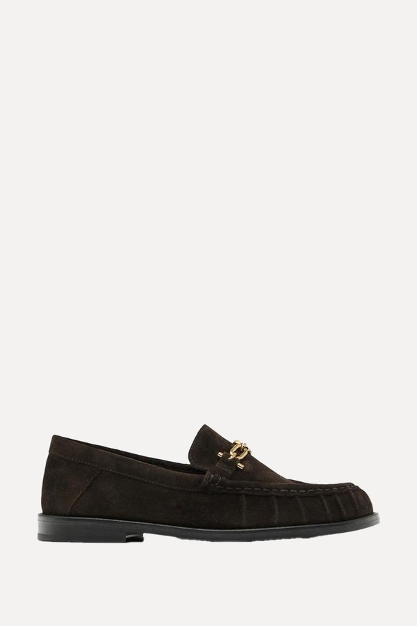 Split Suede Loafers With Metal Appliqué