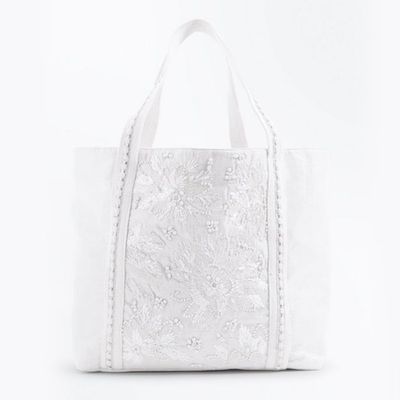 White Beaded Front Tote Bag from New Look