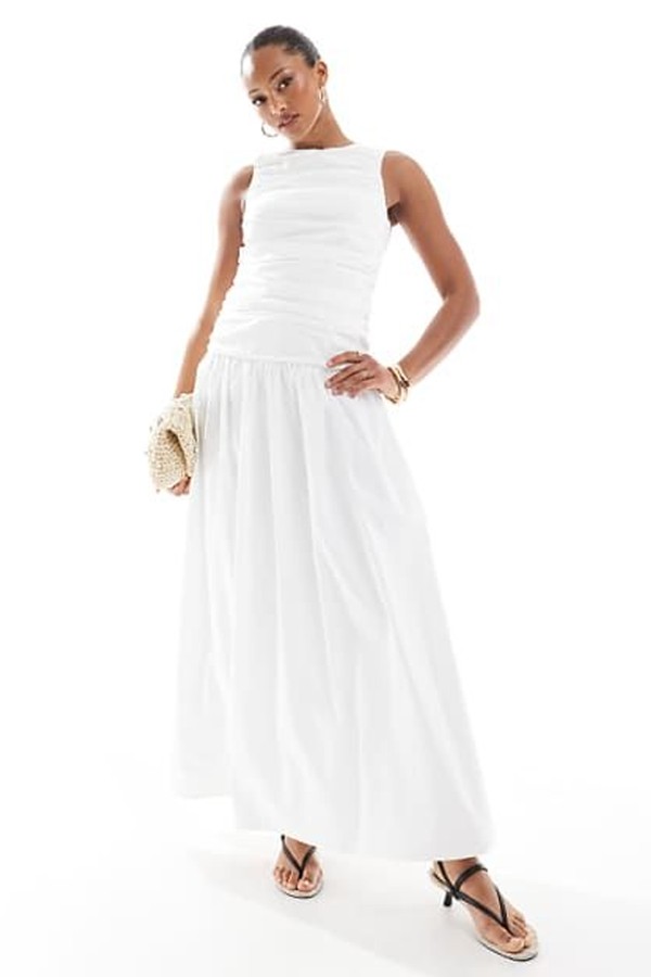 Ruched Poplin Sleeveless Drop Waist Maxi Dress from 4th & Reckless