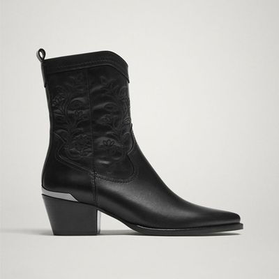 Black Leather Cowboy Ankle Boots from Massimo Dutti