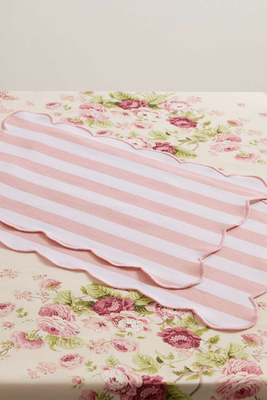Set Of Two Scalloped Embroidered Striped Cotton Placemats from Mrs. Alice