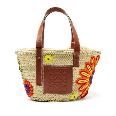 Floral-Crocheted Medium Woven Basket Bag
