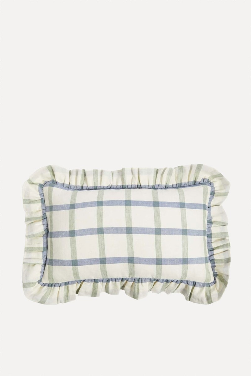 Cotton With Linen Checked Bolster Cushion