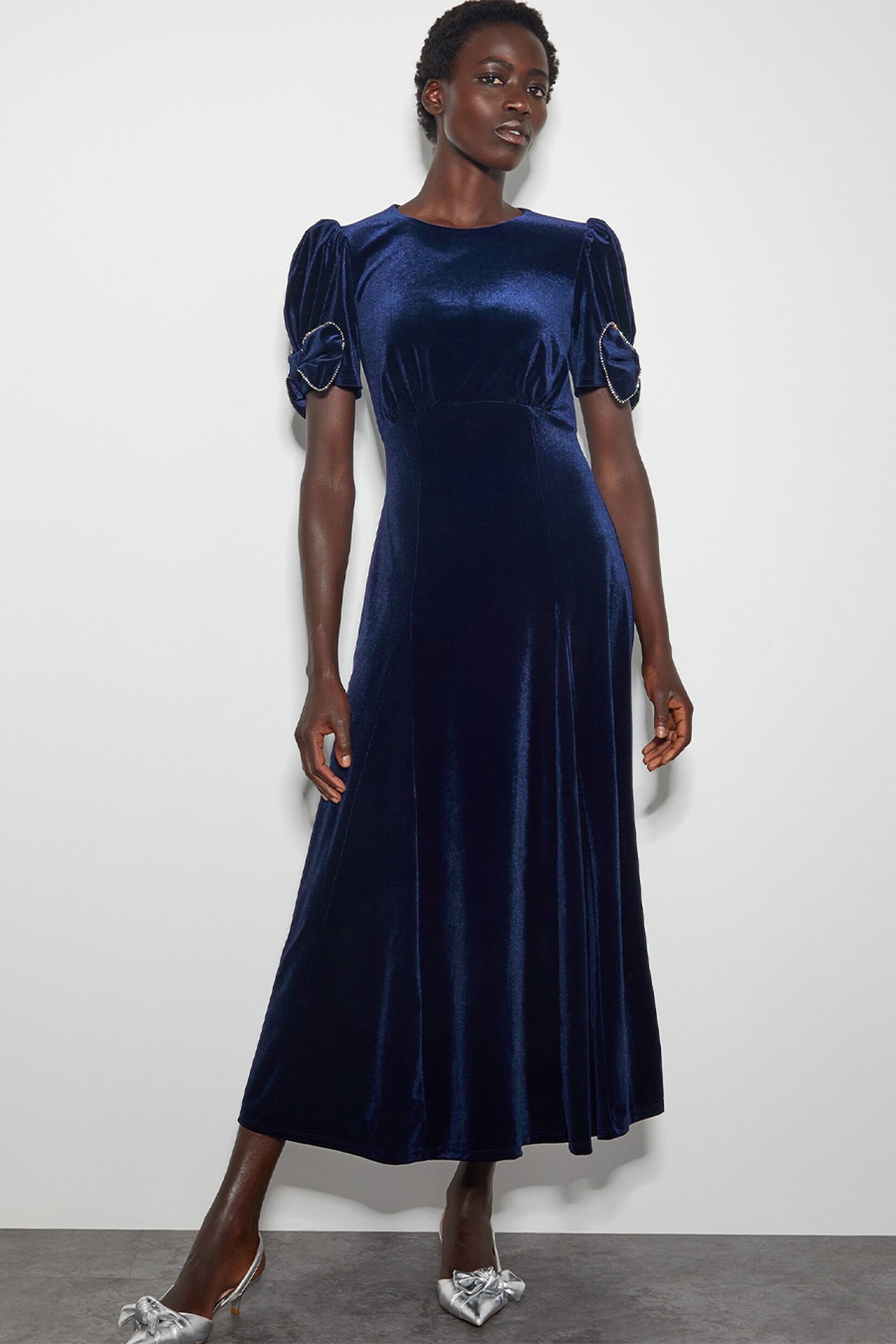 Belle Bow Sleeve Velvet Midi Dress from Monsoon