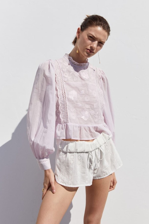 Embroidered Puff-Sleeve Blouse