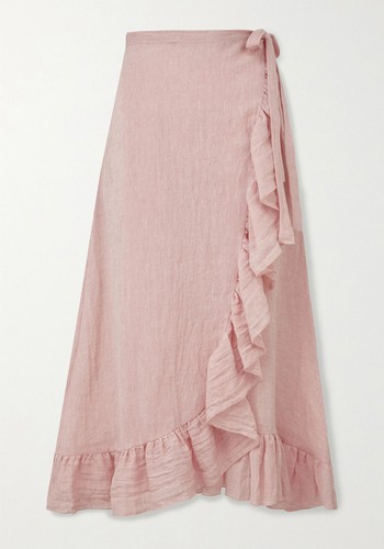 Ruffled Metallic Linen-Blend Gauze Wrap Midi Skirt from Lisa Marie Fernandez