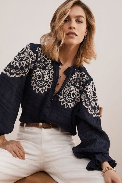 Navy Embroidered Blouse from Mint Velvet