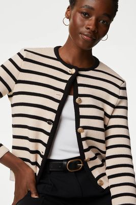 Cotton Rich Striped Crew Neck Cardigan from M&S Collection
