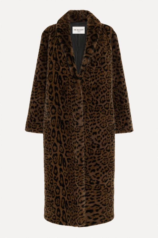 Leopard Maxi Faux Fur Coat from De Savary London