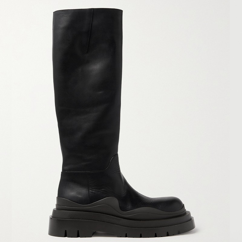 Tire Rubber-trimmed Leather Knee Boots from Bottega Veneta