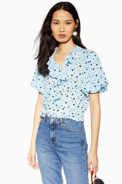 Blue Floral Ruffle Tea Top