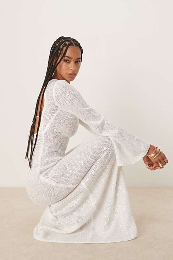 Knitted Sequin Long Sleeve Maxi Dress With Train from Six Stories 