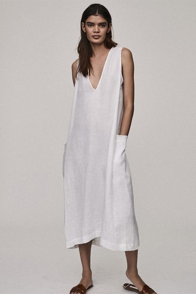 White Linen V Neck Dress from Asceno