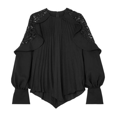 Pleated Crepe De Chine And Lace Blouse from Self-Portrait