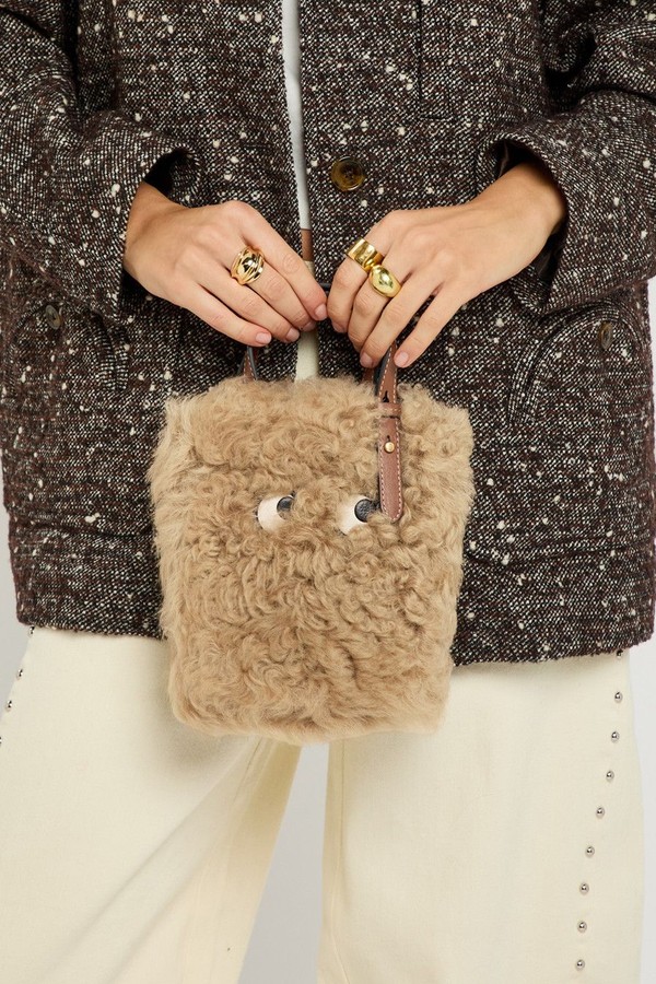 Mini Eyes Appliquéd Shearling Cross-Body Tote Bag from Anya Hindmarch