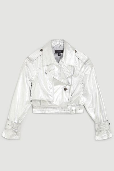 Metallic Leather Cropped Bomber Jacket