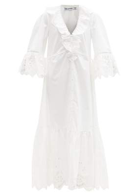 Fluted-Sleeve Cotton Broderie-Anglaise Maxi Dress from Self-Portrait