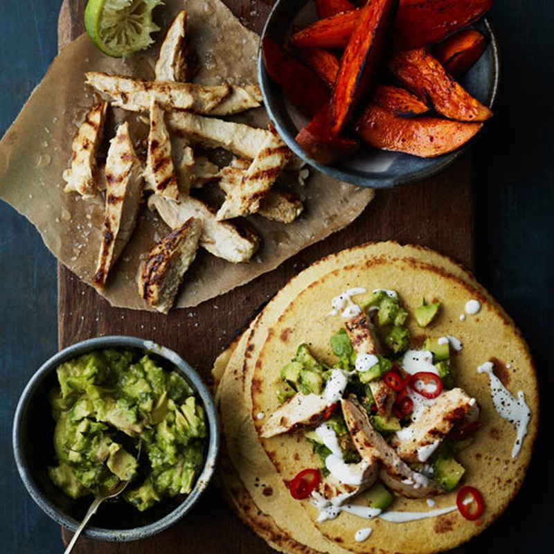 Chicken Tacos With Roasted Sweet Potato & Guacamole