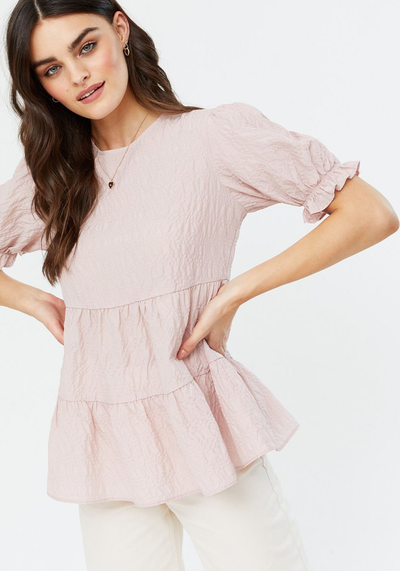 Pale Pink Seersucker Frill Tiered Peplum Blouse 