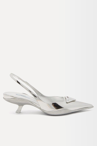 Triangle-Logo Plaque Leather Slingback Pumps from Prada