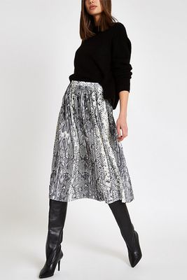 Grey Snake Print Pleated Midi Skirt