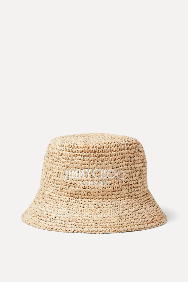 Atena Natural Raffia Embroidered Bucket Hat from Jimmy Choo