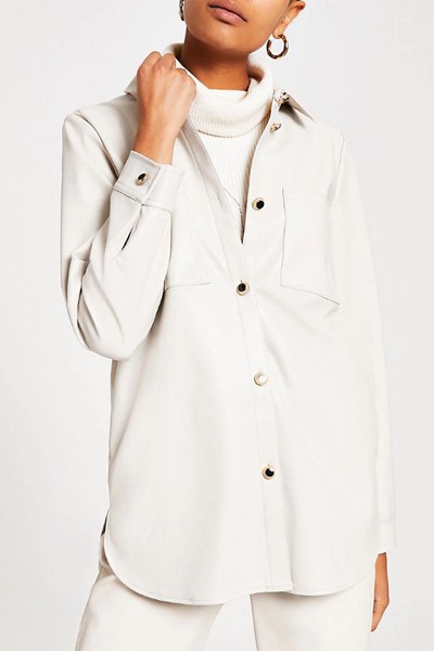 Cream Faux Leather Long Sleeve Overshirt