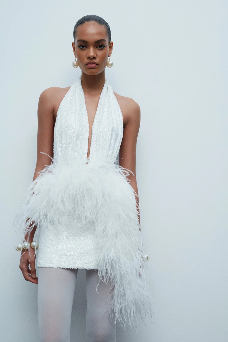 Flora Deep V-Neck Feather Embellished Mini Sequin Dress from Ila 