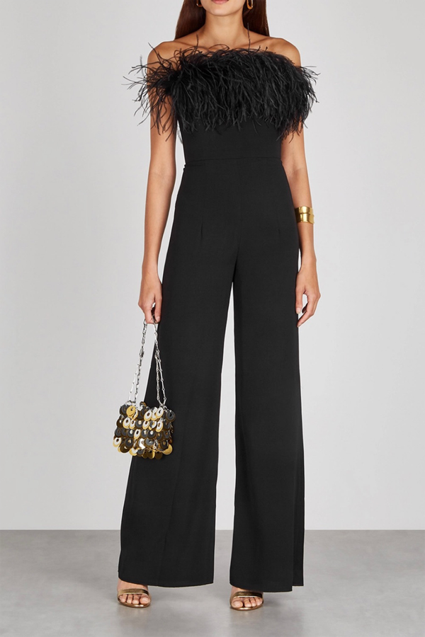 Taree Black Feather-Trimmed Jumpsuit from 16Arlington