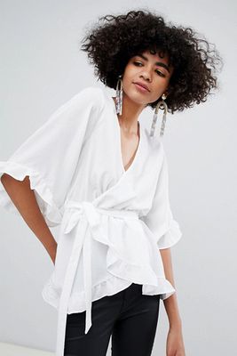 Cream Wrap Tie Waist Frill Blouse from River Island