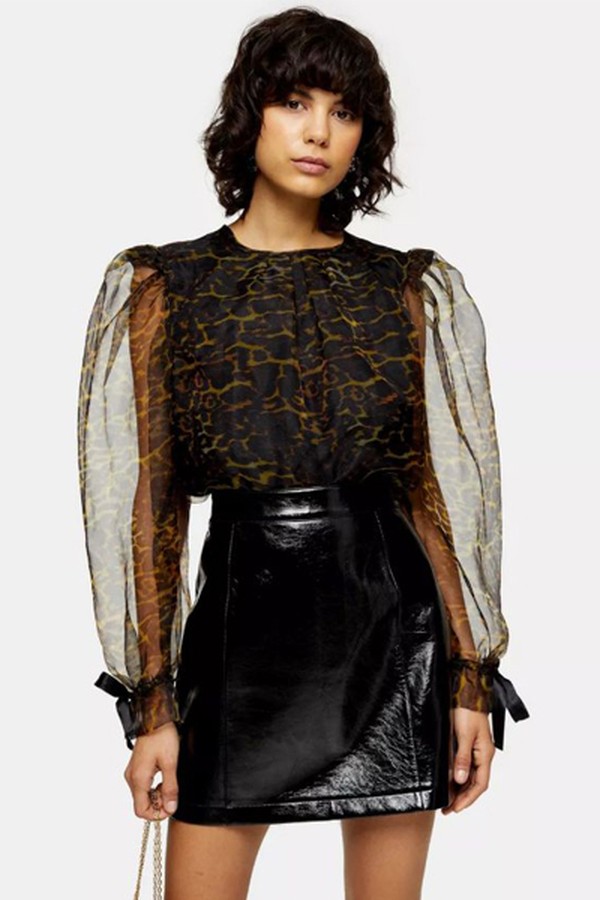 Black Leopard Organza Blouse With Bow Detail